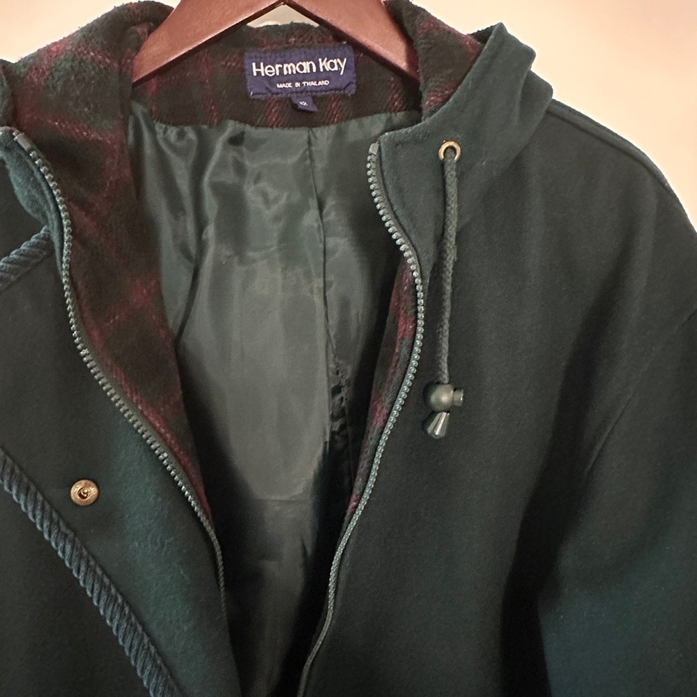 Herman Kay Women’s long Coat. Size 12. Wool-blend green w plaid hood - Picture 2 of 9